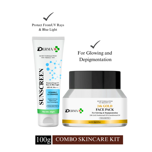 DERMA KR Ceramide & Vitamin C Sunscreen SPF 45 PA++++ / 24k gold face Pack for glowing & depigmentation| Pack of 2