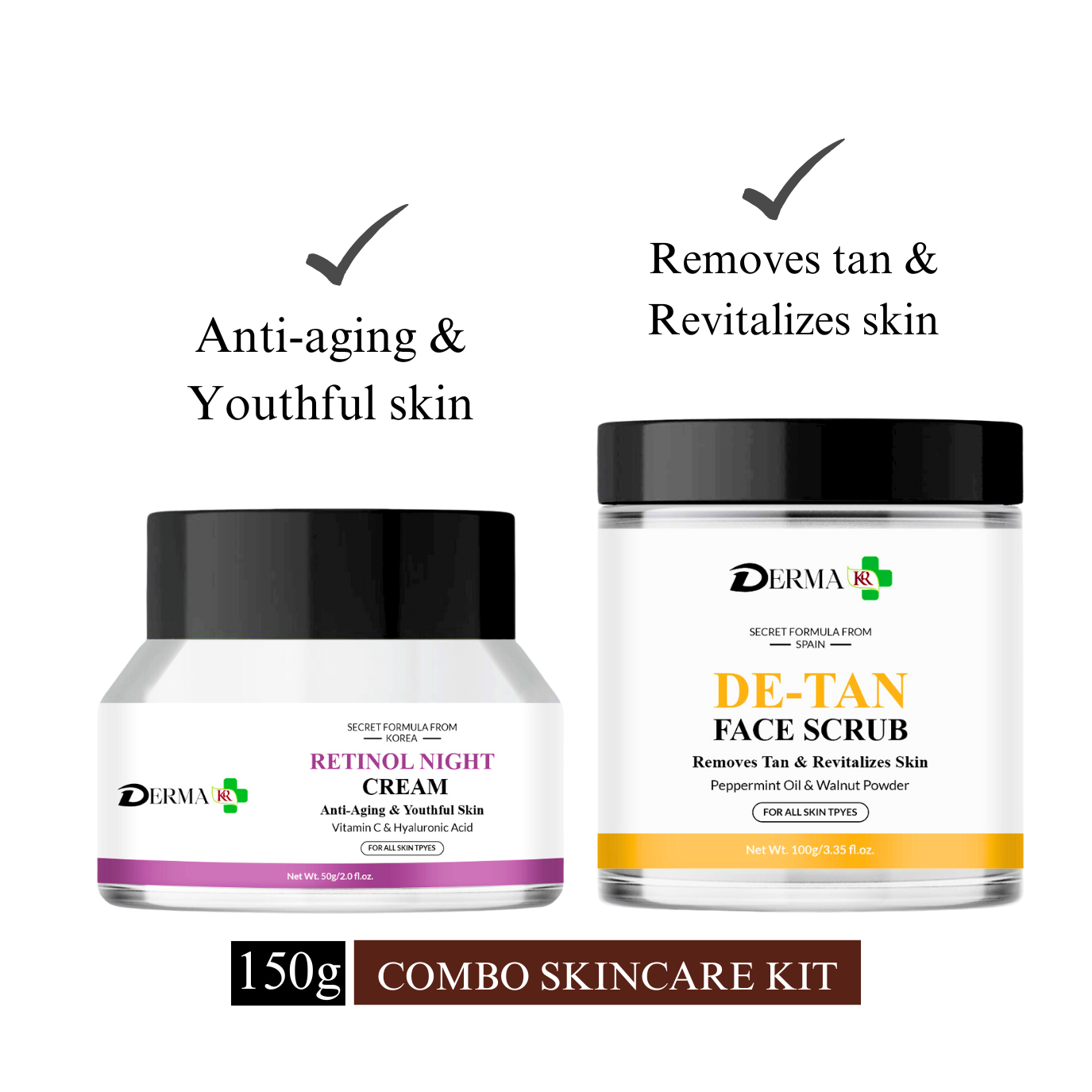 DERMA KR Retinol Night cream with vitamin C & hyaluronic acid Face Cream &  D-TAN Face Scrub| Anti aging cream for oily & dry skin|-Pack Of 2