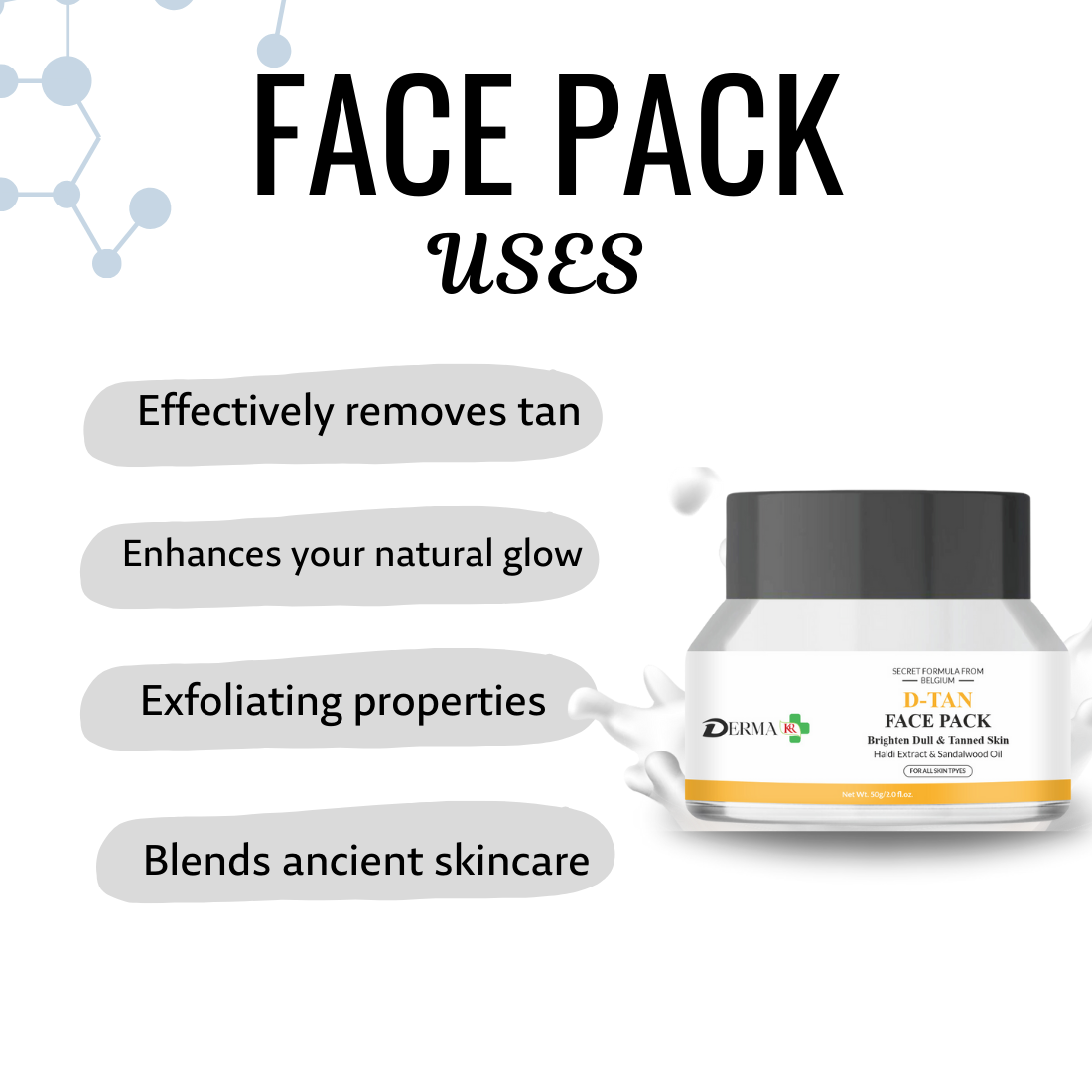 DERMA KR Ubtan D-Tan Face Pack |Soft, Smooth & Uneven Skin Tone |- 50gm