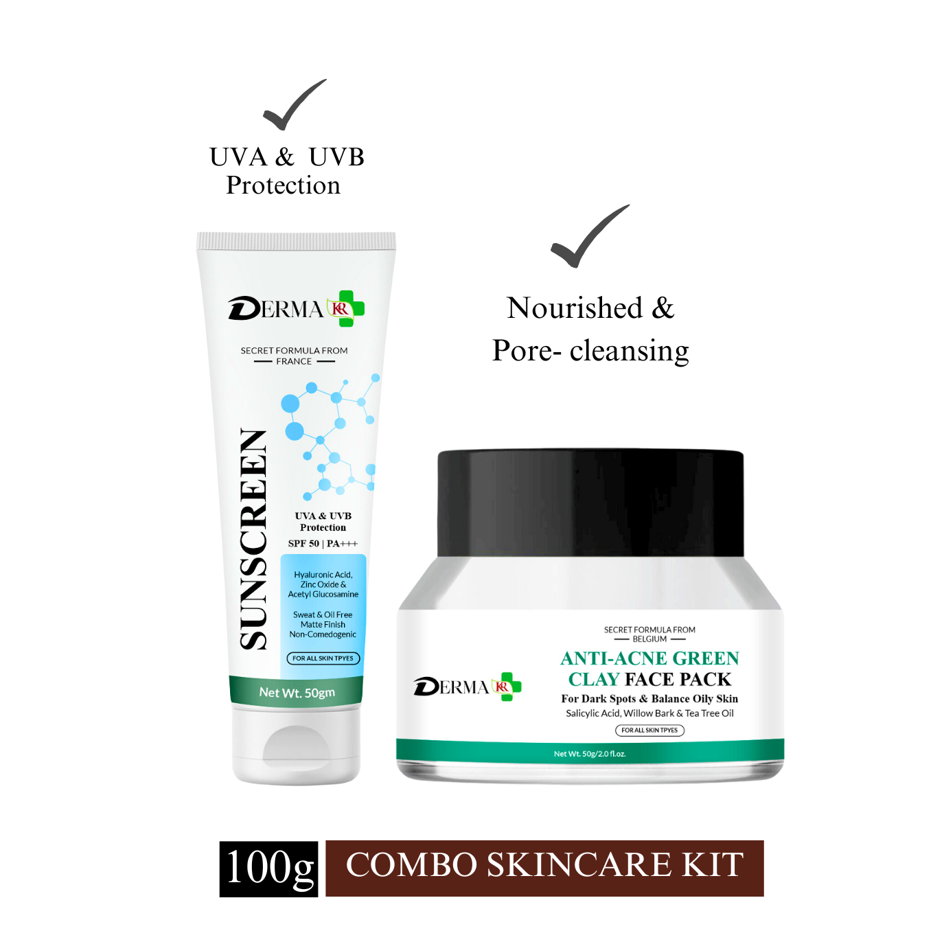 DERMA KR Hyaluronic Face Sunscreen Cream & Anti ance Green face clay Pack for dark spot| For Women & Men |Pack Of 2