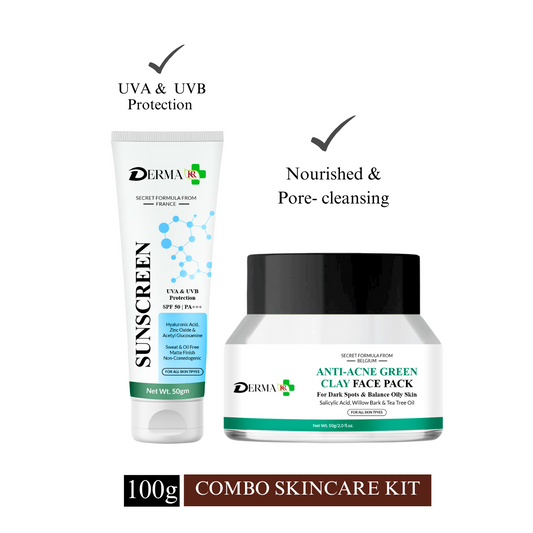 DERMA KR Hyaluronic Face Sunscreen Cream & Anti ance Green face clay Pack for dark spot| For Women & Men |Pack Of 2