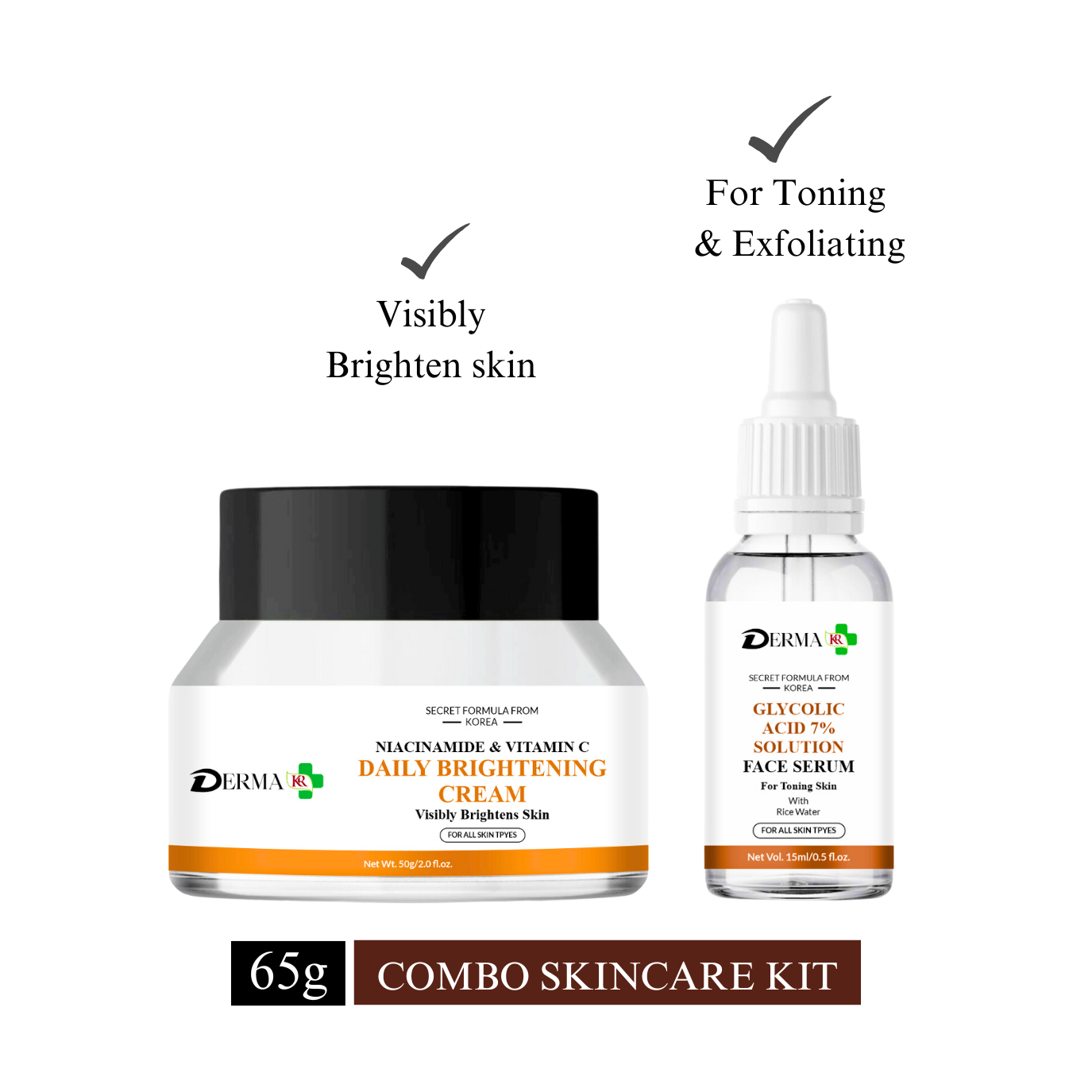 DERMA KR Niacinamide & vitamin C daily brightning  cream & Glycolic acid 7% solution for skin tonning | Pack of 2