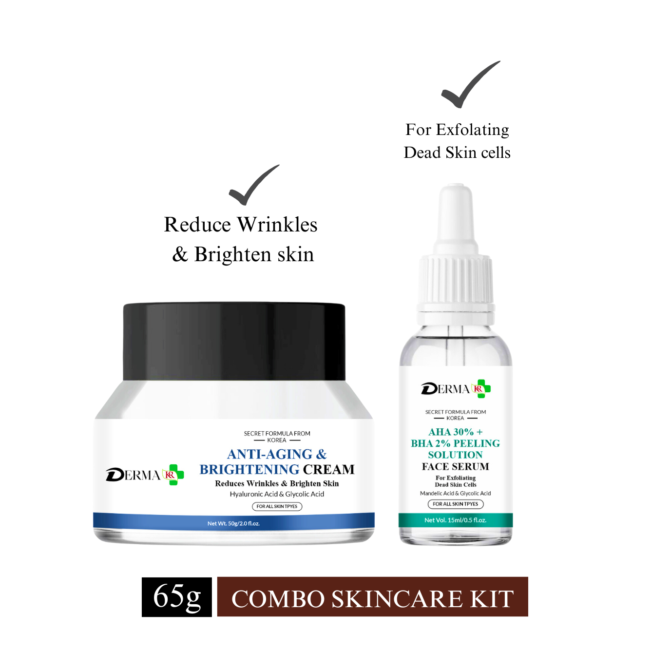 DERMA KR Anti aging & brightening Face Cream & AHA 30% + BHA 2% Peeling Solution Face Serum|Forming & Smoothing, Wrinkle Lift|-Pack Of 2