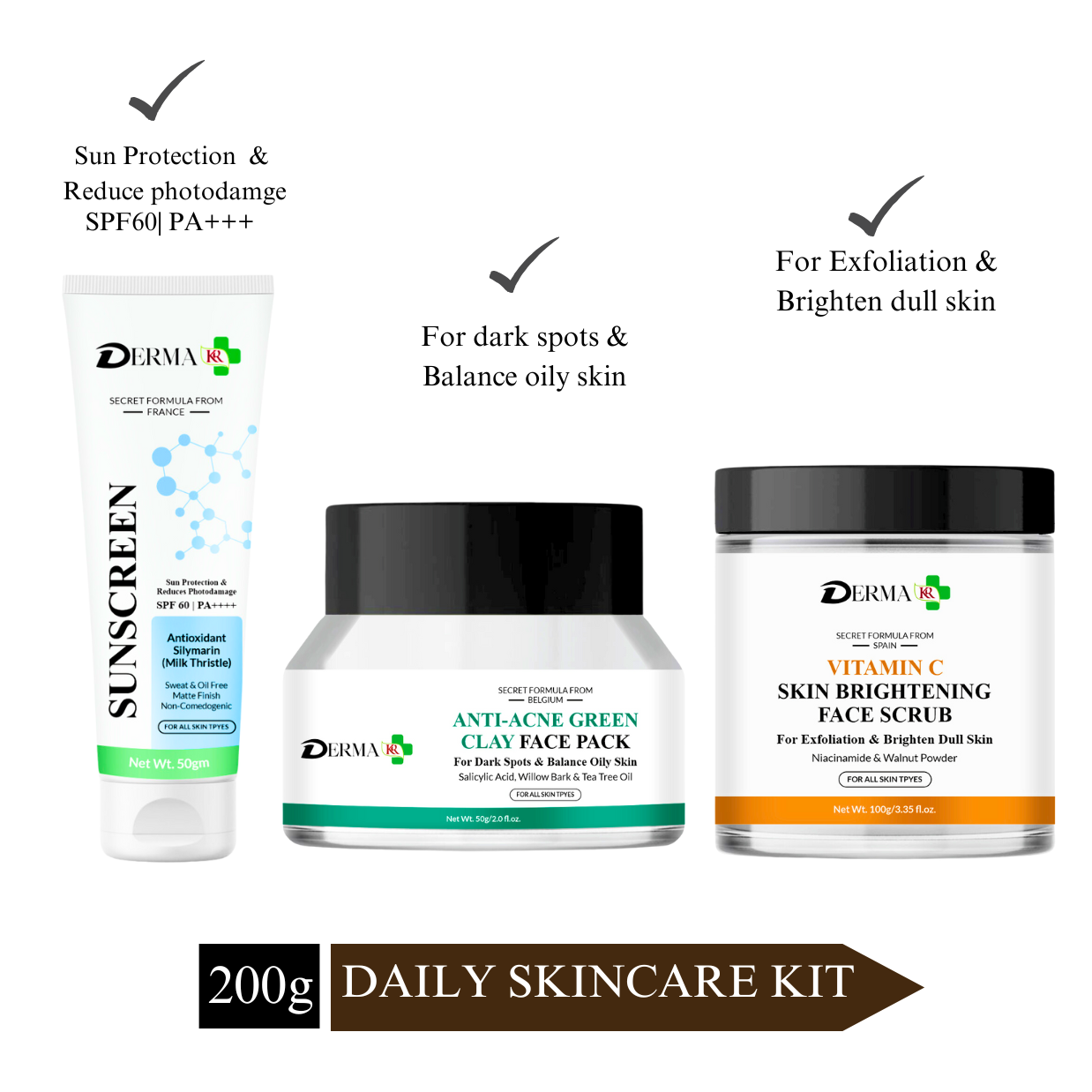 DERMA KR SPF 60 PA ++++ Sunscreen With Antioxidant Silymarin +Anti ance Green clay Face Pack + Vitamin C Skin Brightening FACE SCURB|Pack of 3