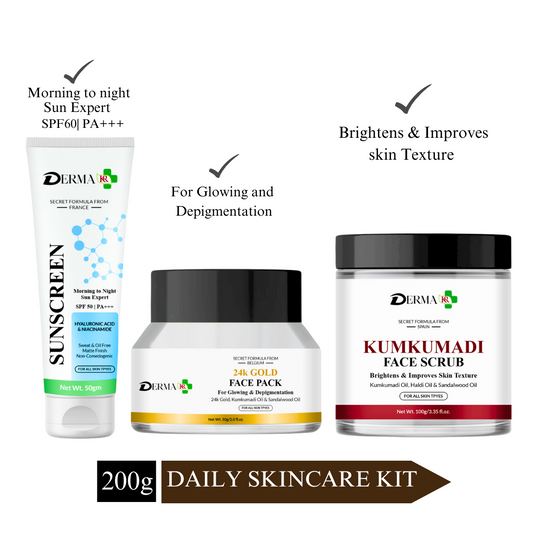 DERMA KR  Morning to night Sun Expert SPF 50 PA+++ Sunscreen+ 24k GOLD FACE MASK For Glowing+Kumkumadi Face Serub| For Men And Women|Pack Of 3