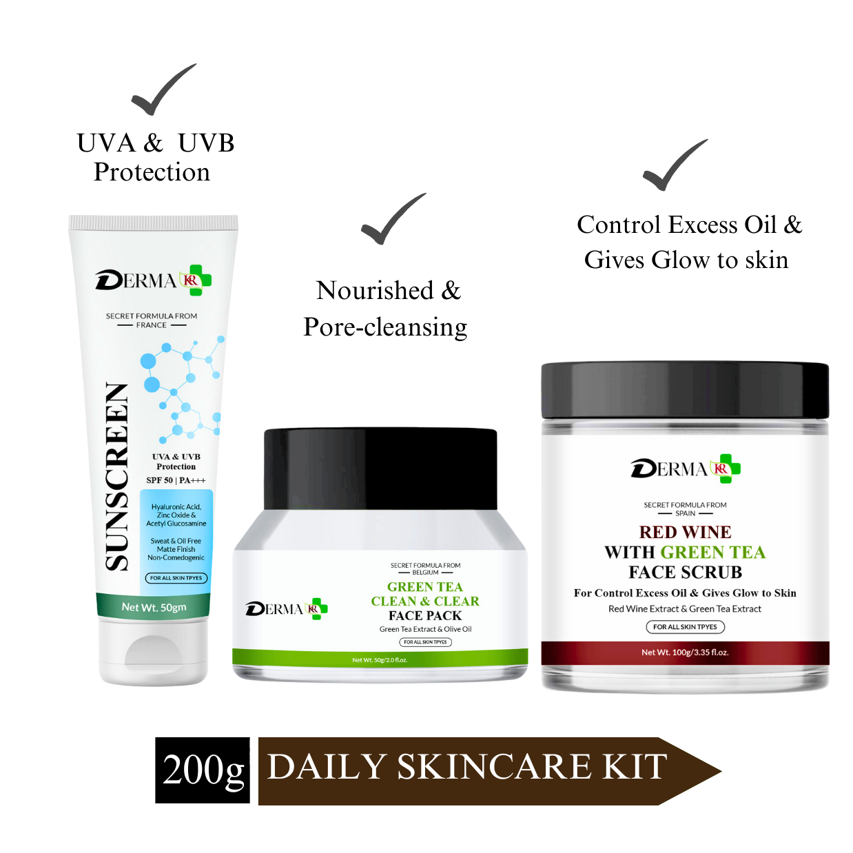 DERMA KR Hyaluronic Face Sunscreen Face Cream+Green tea Clean & clear Face Pack+ RED VINE Face Scrub|For Men And Women|Pack Of 3