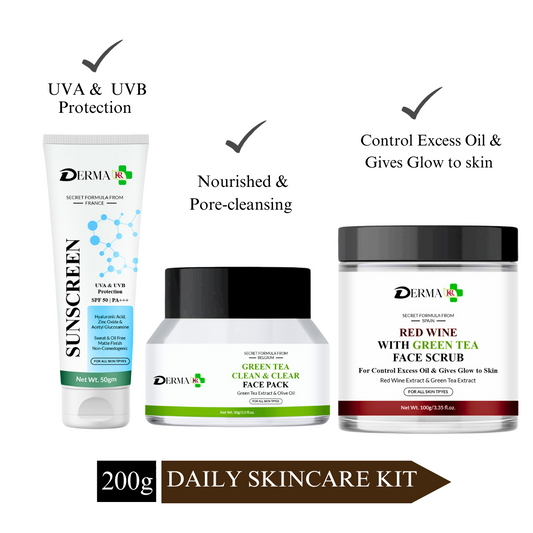 DERMA KR Hyaluronic Face Sunscreen Face Cream+Green tea Clean & clear Face Pack+ RED VINE Face Scrub|For Men And Women|Pack Of 3