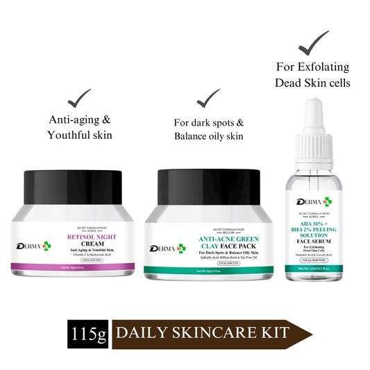 DERMA KR Retinol night cream with vitamin C & hyaluronic acid + Anti ance Green clay Pack for dark spot+AHA 30% + BHA 2% Peeling Solution Face Serum |Pack Of 3