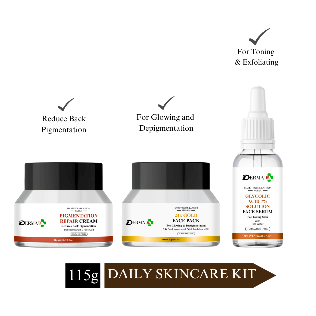 DERMA KR Pigmentation repair Face cream+24k GOLD FACE PACK For Glowing+Glycolic acid 7% solution for skin toning| For Men and Women |Pack Of 3