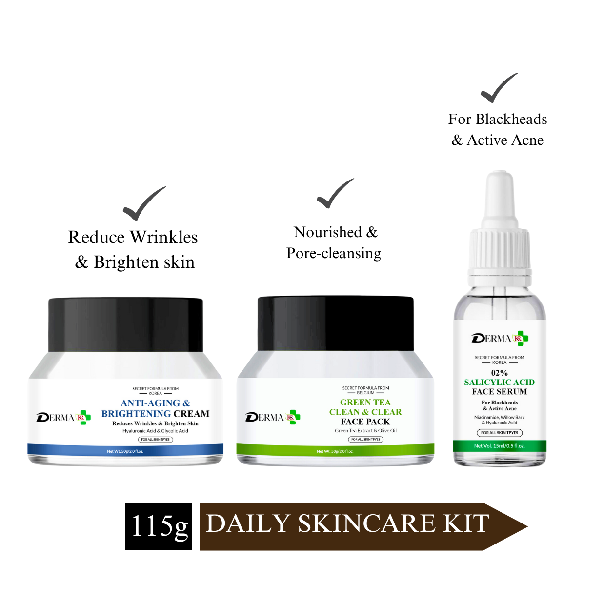 DERMA KR Anti aging & brightning cream +Green tea clean & clear face Pack +2% Scilicylic acid face serum for blackheads  & Active ance pack of 3.