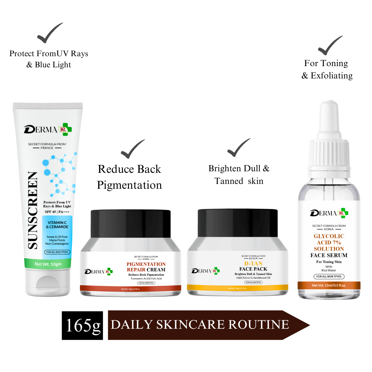 DERMA KR Ceramide & Vitamin C Sunscreen SPF 45 PA++++ + Pigmentation repair cream + Ubtan, D-tan face Pack + Glycolic acid 7% solution for skin tonning Pack of 4