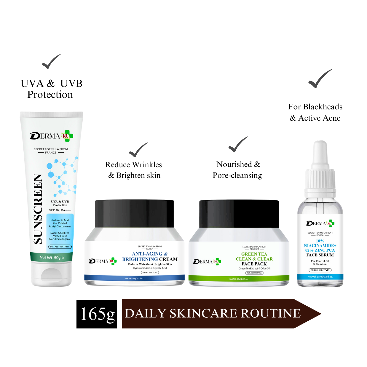 DERMA KR Hyaluronic  Sunscreen Face Cream +Anti aging & brightening cream + Green tea Clean & clear Face Pack+Niacinamide 10% with zinc 2%  face serum |Pack Of 4