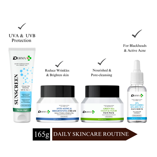 DERMA KR Hyaluronic  Sunscreen Face Cream +Anti aging & brightening cream + Green tea Clean & clear Face Pack+Niacinamide 10% with zinc 2%  face serum |Pack Of 4