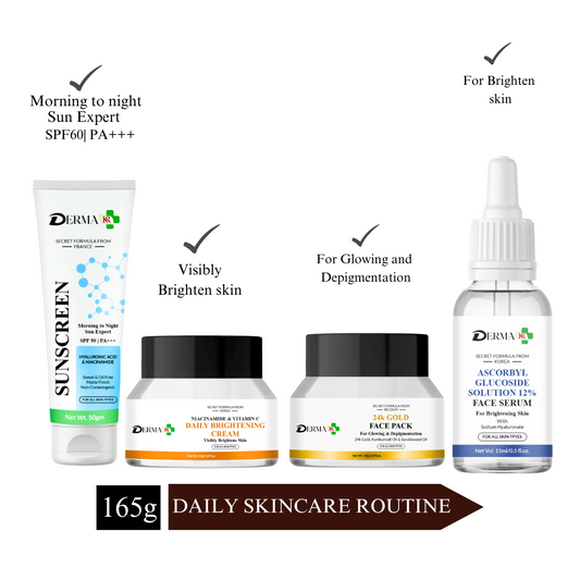 DERMA KR Morning to Night Sunscreen Vitamin B3 C & Niacinamide +Niacinamide & vitamin C face cream +24k GOLD FACE PACK For Glowing & Depigmentation + Ascorbyl glucoside solution 12% Face Serum | Pack Of 4