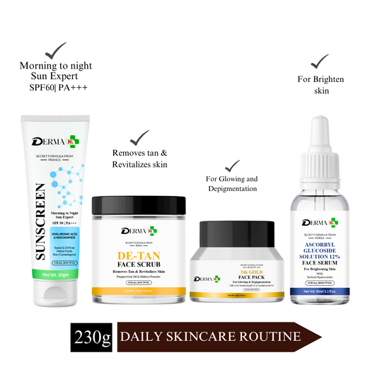 DERMA KR Morning to Night Sunscreen Vitamin B3 C & Niacinamid +24k GOLD FACE PACK + D-TAN Face Scrub +Ascorbyl glucoside solution 12%  for skin toning|For Men And Women|Pack Of 4