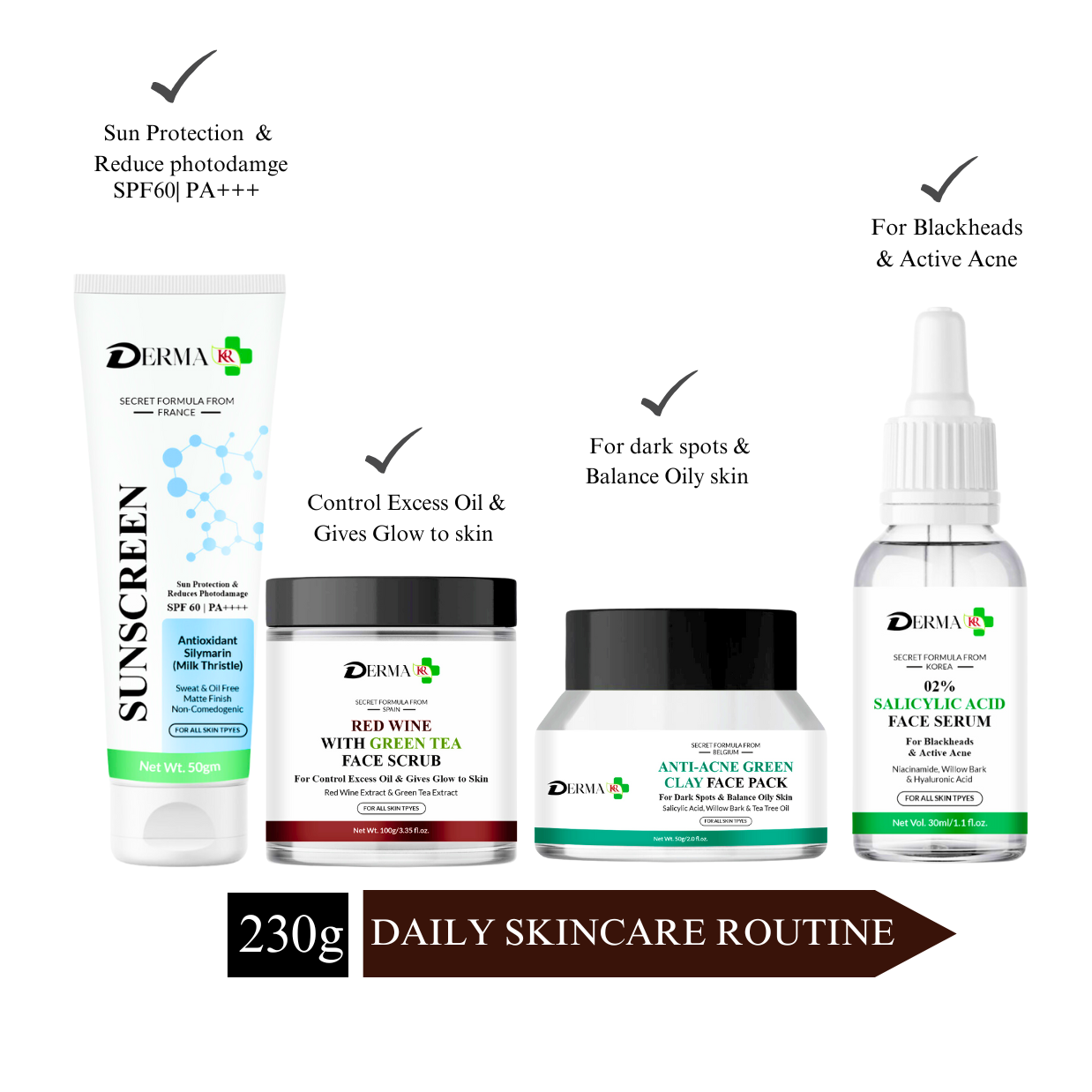 DERMA KR Sunscreen With Antioxidant Silymarin + Anti ance clay Pack for dark spot +Red vine with green tea Face scrub + 2% Scilicylic acid face serum for blackheads & active acne |Pack Of 4