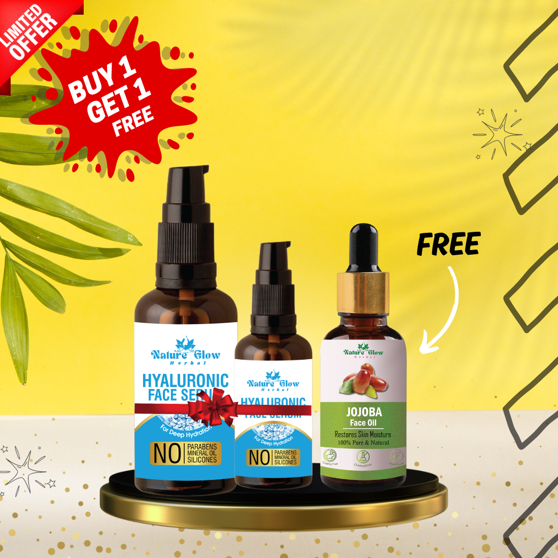 Nature Glow Herbal BUY 15+30ml HYALURONIC FACE SERUM & GET FREE 30ml JOJOBA FACIAL OIL & Save💸 ₹460