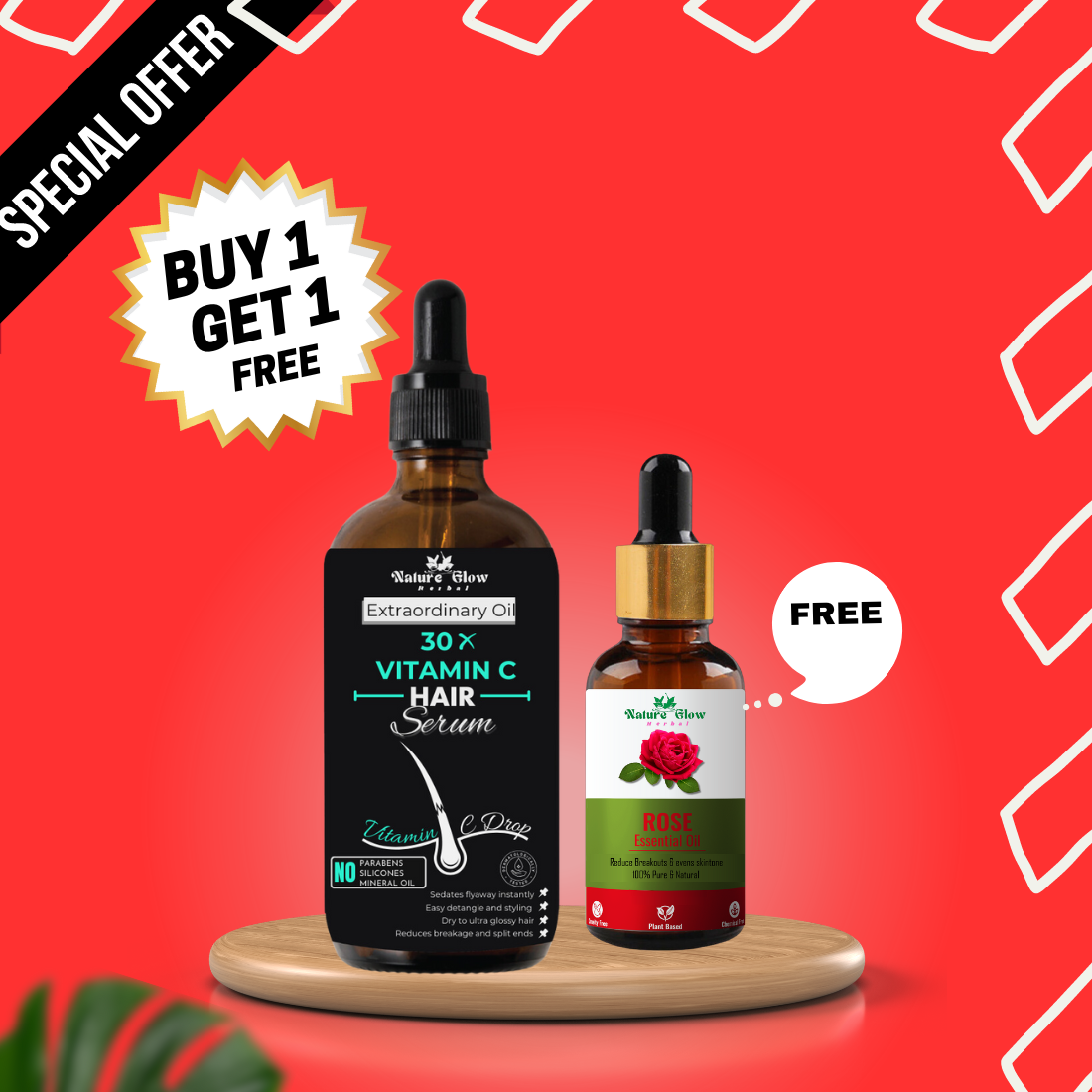 Nature Glow Herbal BUY 60ml 30X VITAMIN C DROP HAIR SERUM & GET Free 30ml Rose Essential Oil & Save 💸₹620