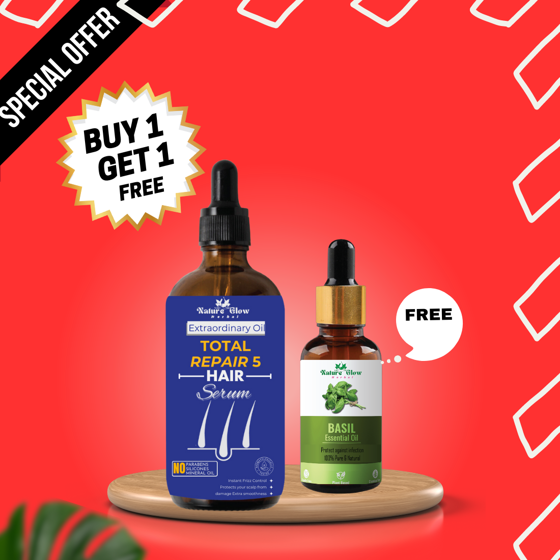 Nature Glow Herbal BUY 60ml TOTAL REPAIR 5 HAIR SERUM & GET Free 30ml Pure Basil Essential Oil & Save 💸₹599