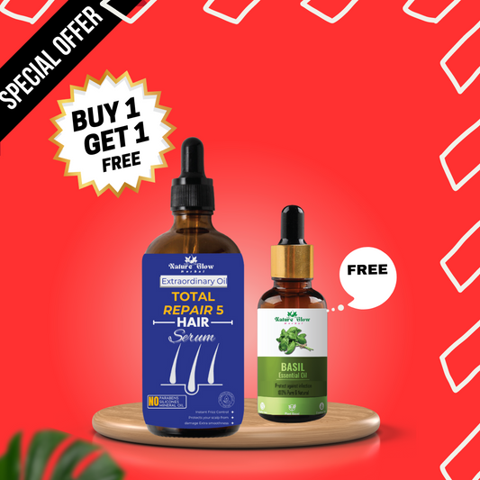 Nature Glow Herbal BUY 60ml TOTAL REPAIR 5 HAIR SERUM & GET Free 30ml Pure Basil Essential Oil & Save 💸₹599