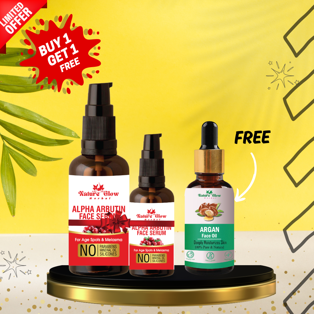 Nature Glow Herbal BUY 15+30ml ALPHA ARBUTIN FACE SERUM & GET FREE 30ml Argan Facial Oil & Save💸₹599