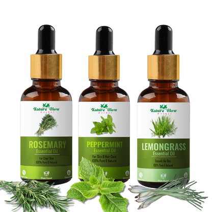 Nature Glow Herbal Rosemary +Peppermint+ Lemongrass Essential Oil |Relaxation & Hair Care| Pack of 3  (45 ml)