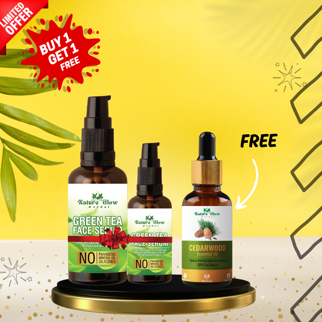 Nature Glow Herbal BUY 15+30ml GREEN TEA FACE SERUM & GET FREE 30ml Cedarwood Essential Oil & Save💸₹590