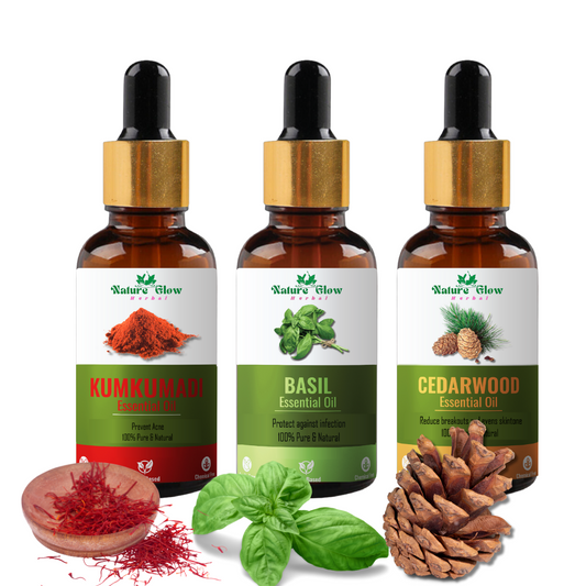 Nature Glow Herbal Kumkumadi +Basil+ Cedarwwod Essential Oil |Natural and Organic| Pack of 3  (45 ml)