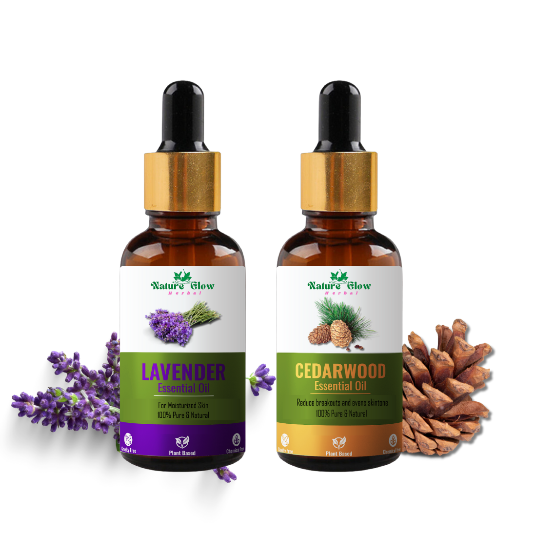 Nature Glow Herbal Lavender +Cedarwood Essential Oil | Stress Relief | Pack of 2  (30 ml)