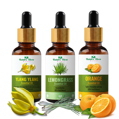 Nature Glow Herbal Ylang Ylang+ Lemongrass +Orange Essential Oil | Stress Relief| Pack of 3  (45 ml)