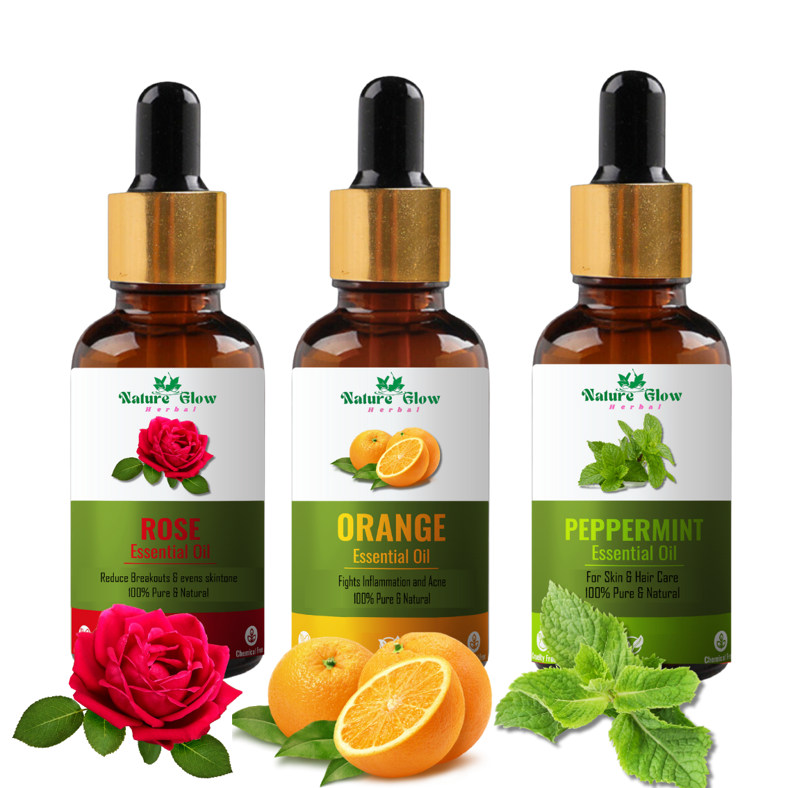 Nature Glow Herbal Rose +Orange+Peppermint Essential Oil | Pure & Natural | Pack of 3.  (45 ml)