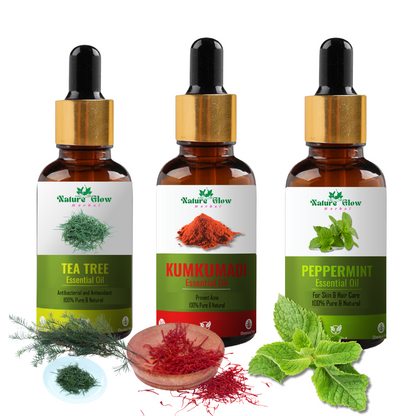 Nature Glow Herbal Tea Tree +Kumkumadi +Peppermint Essential Oil |Relaxation and Wellness |Pack of 3  (45 ml)