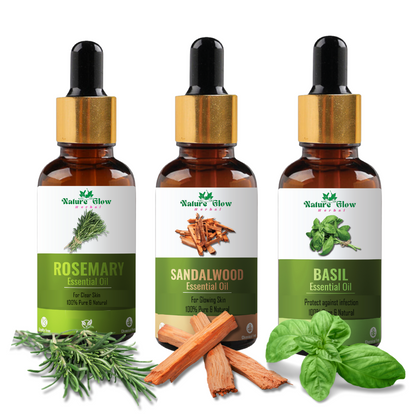 Nature Glow Herbal Rosemary +Sandalwood+Basil Essential Oil |Skin and Hair Care| Pack of 3  (45 ml)