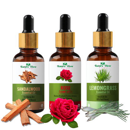 Nature Glow Herbal Sandalwood+Rose+ Lemongrass Essential Oil | Oil for Health and Beauty| Pack of 3  (45 ml)