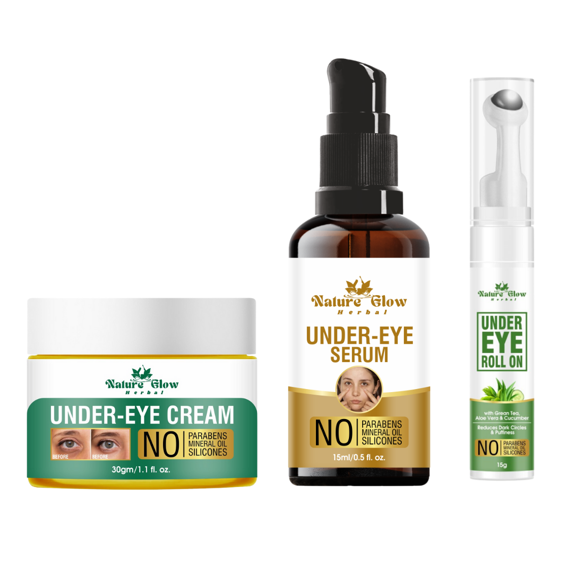 Nature Glow Herbal Under Eye Cream + Serum+ Green tea Roll on | Renew your eyes an anti-aging |Pack of 3 (60g)