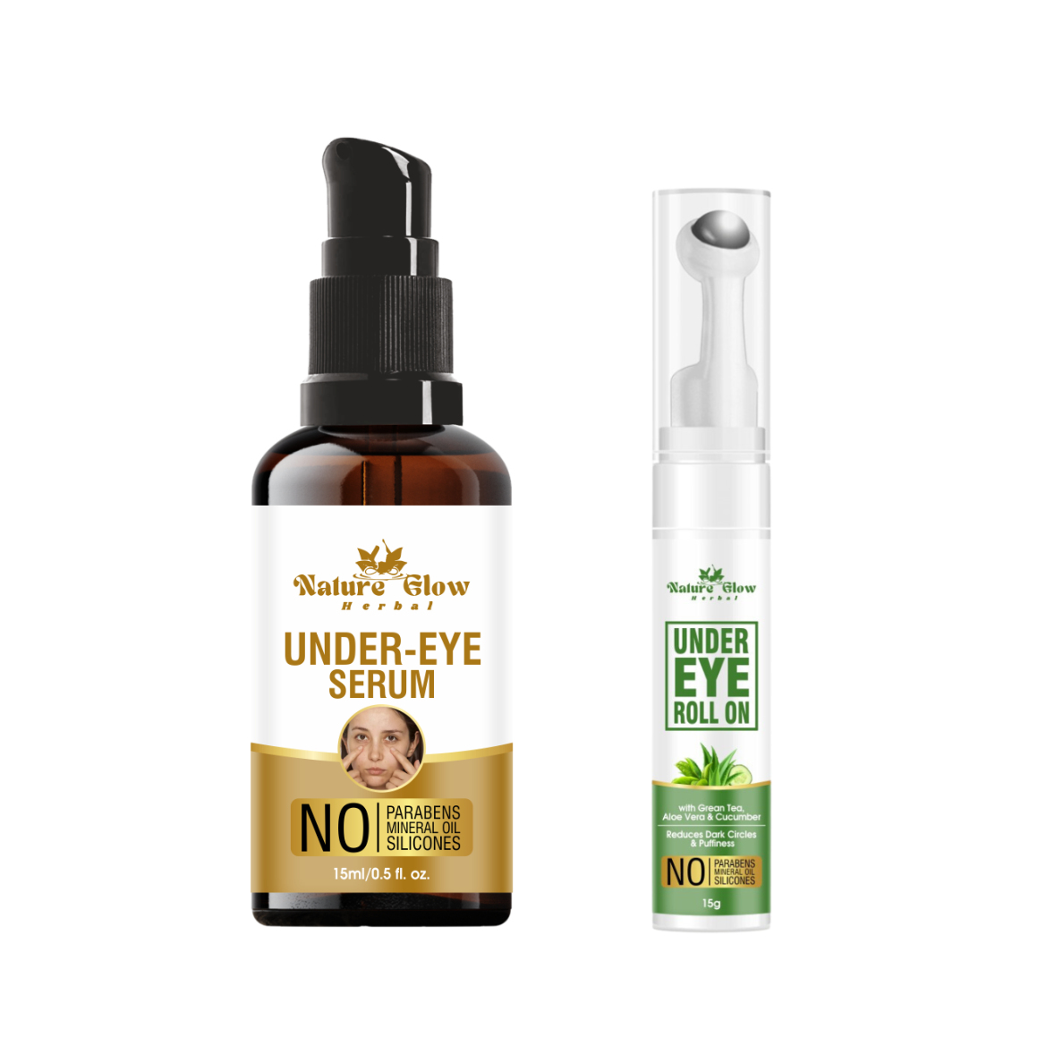 Nature Glow Herbal Under eye Serum +Green Tea Roll On |Dark Circle and Puffiness |Pack of 2