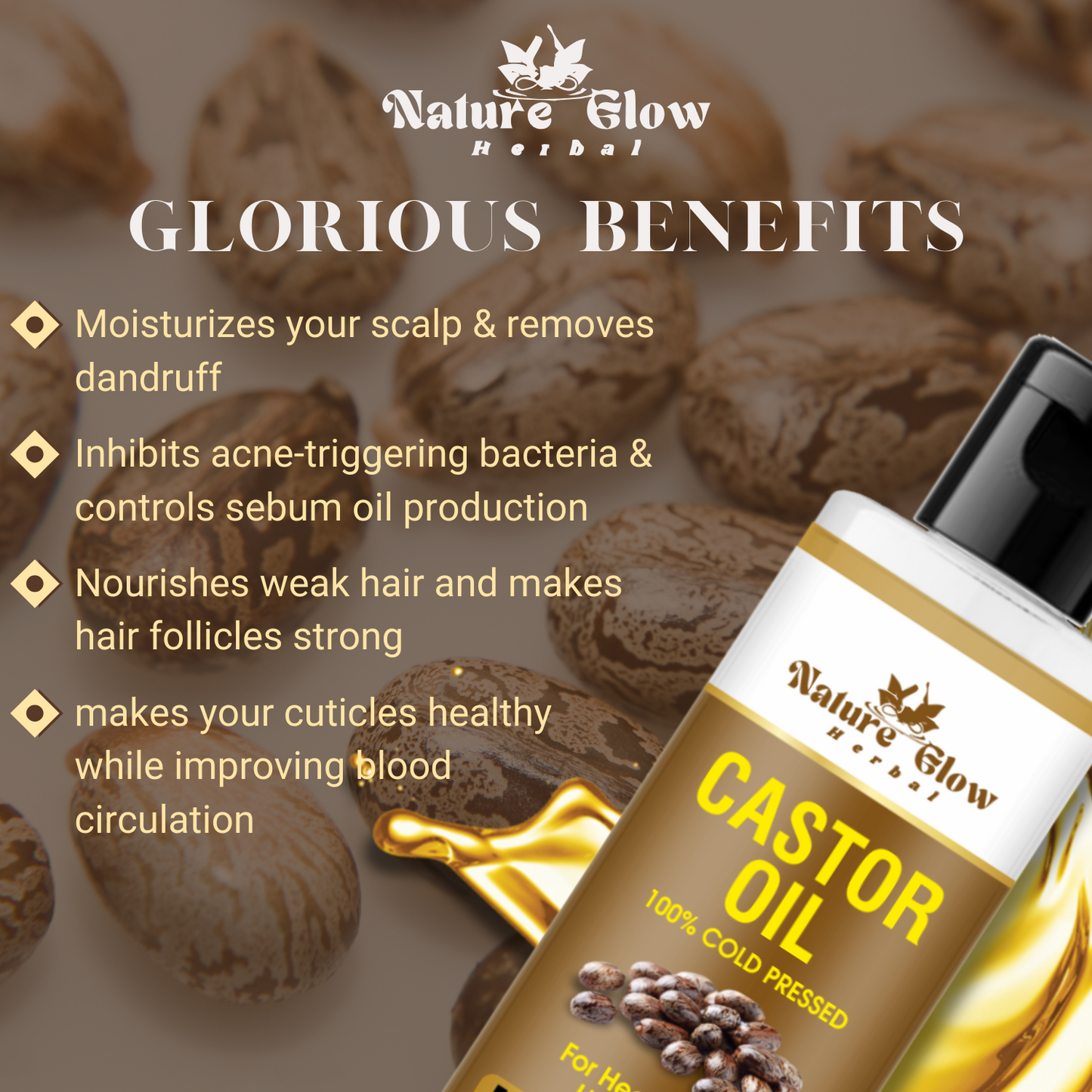 Nature Glow Herbal CASTOR CARRIER OIL+ONION ARGAN ,CASTOR , BHRINGRAJ HAIR OIL Pack of 2 -(200ml)