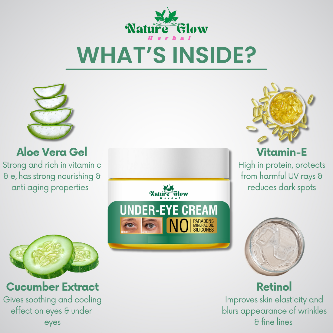 Nature Glow Herbal Under Eye Cream + Serum+ Green tea Roll on | Renew your eyes an anti-aging |Pack of 3 (60g)