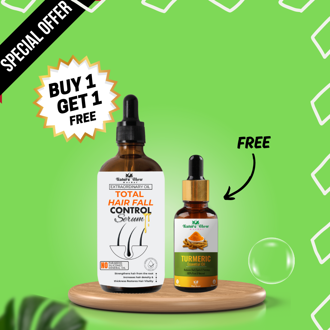 Nature Glow Herbal BUY 30ml TOTAL HAIR FALL CONTROL SERUM & GET Free 15ml Turmeric Essential Oil & Save💸₹390