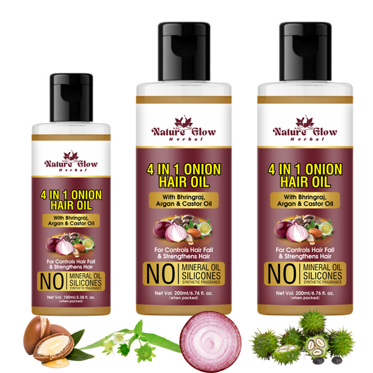 Nature Glow Herbal 4-in-1 Oil, a natural hair care elixir that contains onion, argan, castor, and Bhringraj | Pack Of 3 -(500ml)