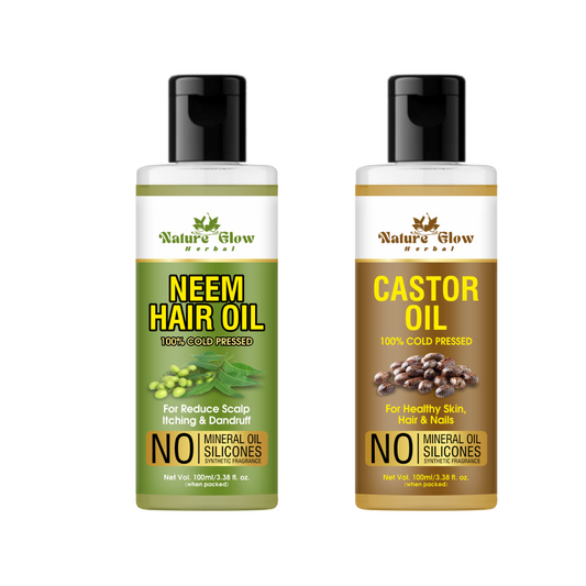 Nature Glow Herbal Neem Carrier Oil +Castor Carrier Oil| Organic Oil for Hair Growth| Pack of 2 -(200ml)