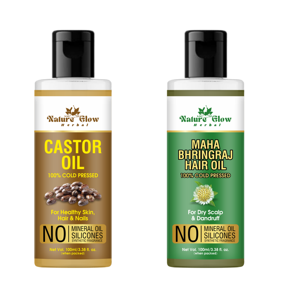 Nature Glow Herbal CASTOR CARRIER OIL+BHRINGRAJ HAIR OIL| Cold Pressed for Hair |Pack of 2 -(200ml)