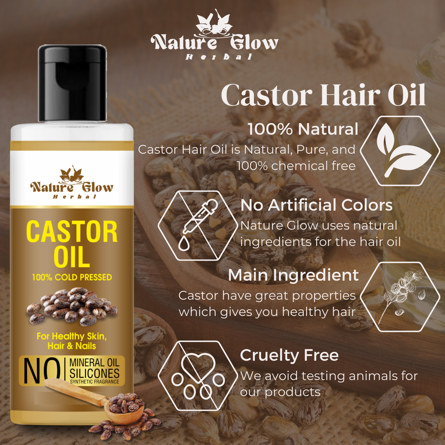 Nature Glow Herbal CASTOR CARRIER OIL+ONION ARGAN ,CASTOR , BHRINGRAJ HAIR OIL Pack of 2 -(200ml)