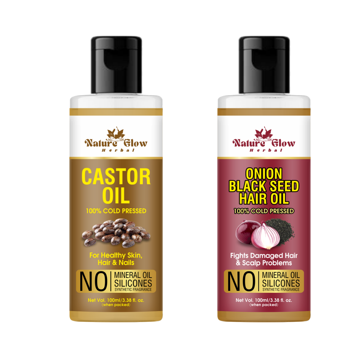 Nature Glow Herbal CASTOR CARRIER OIL+ONION WITH BLACK SEED HAIR OIL Pack of 2 -(200ml)