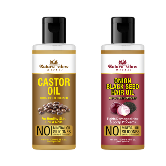 Nature Glow Herbal CASTOR CARRIER OIL+ONION WITH BLACK SEED HAIR OIL Pack of 2 -(200ml)