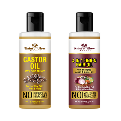 Nature Glow Herbal CASTOR CARRIER OIL+ONION ARGAN ,CASTOR , BHRINGRAJ HAIR OIL Pack of 2 -(200ml)