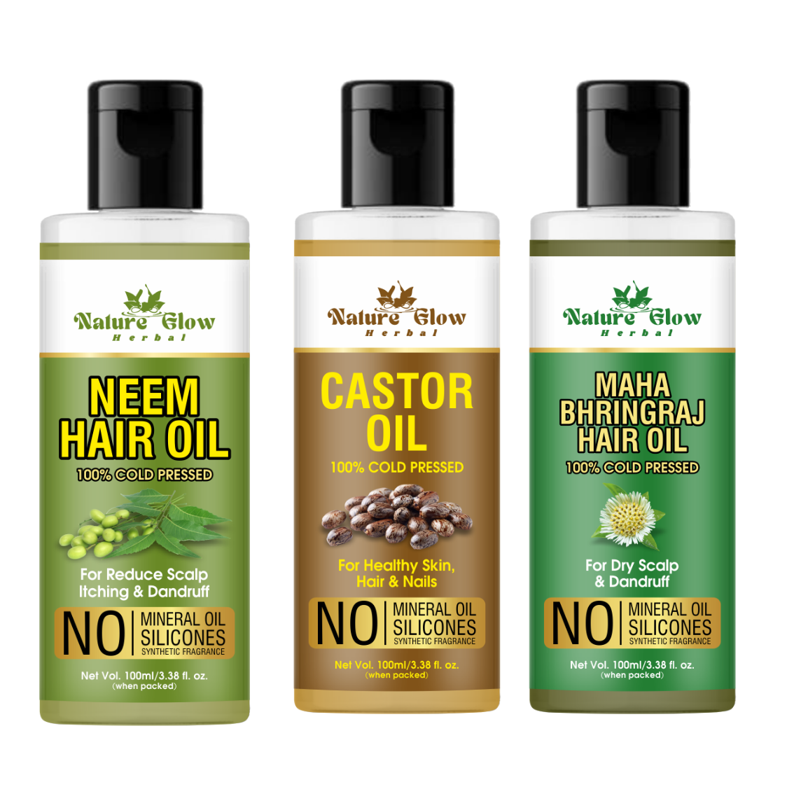 Nature Glow Herbal NEEM OIL +Castor Oil +BHRINGRAJ HAIR OIL Pack of 3 -(300Ml)