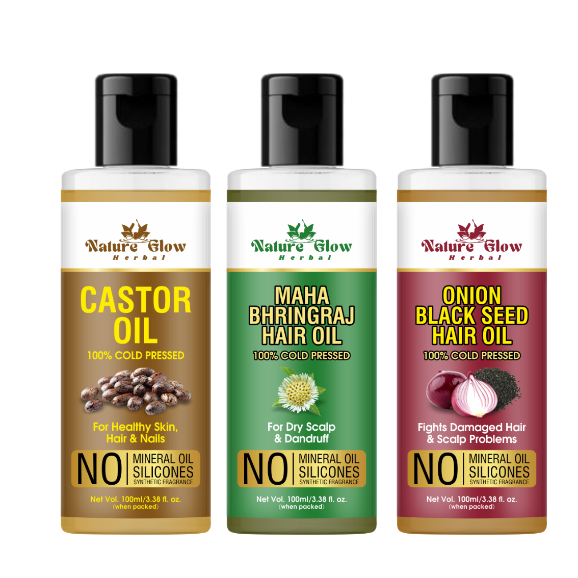 Nature Glow Herbal CASTOR CARRIER OIL+BHRINGRAJ HAIR OIL+ONION WITH BLACK SEED HAIR OIL Pack of 3 Hair Oil  (300 ml)