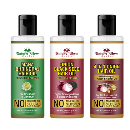 Nature Glow Herbal BHRINGRAJ HAIR OIL+BLACK SEED HAIR OIL+ONION ARGAN ,CASTOR , BHRINGRAJ HAIR OIL Pack of 3 -(300ml)