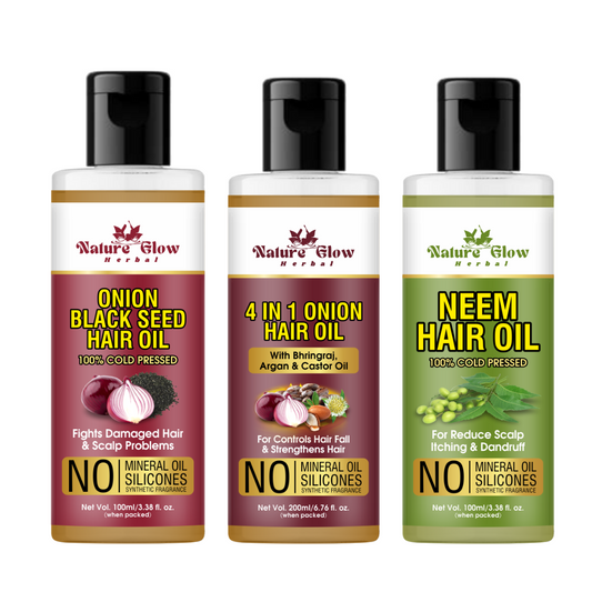 Nature Glow Herbal ONION WITH BLACK SEED HAIR OIL+ 4 in 1 Hair oil +Neem Oil Pack of 3 -(300ml)